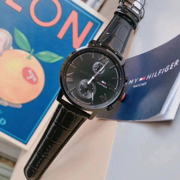 Tommy Hilfiger Aden Chronograph Black Dial Black Leather Strap Watch for Men - 1791310
