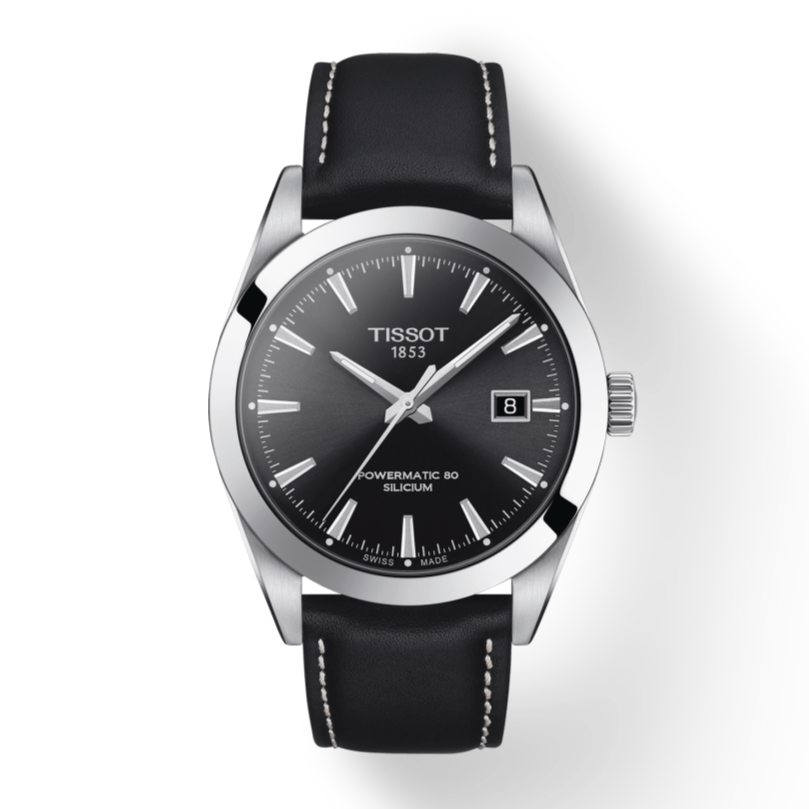 Tissot Gentleman Powermatic 80 Silicium Black Dial Black Leather Strap Watch For Men - T127.407.16.051.00