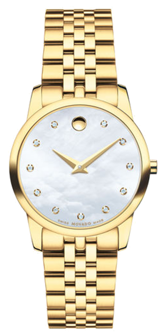 Movado Museum Classic Diamonds Mother of Pearl Dial Gold Steel Strap Watch For Women - 0606998