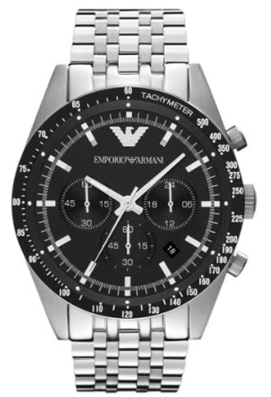 Emporio Armani Tazio Chronograph Black Dial Silver Steel Strap Watch For Men - AR5988