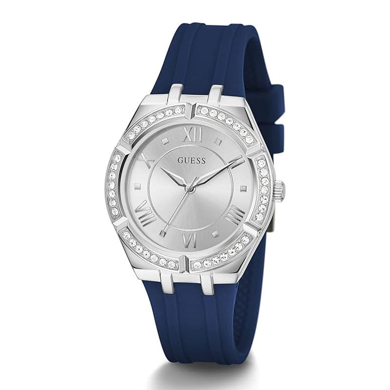 Guess Cosmo Diamonds Silver Dial Blue Rubber Strap Watch for Women - GW0034L5