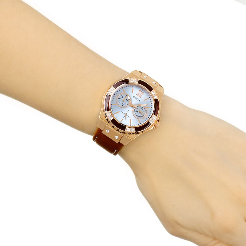 Guess Limelight Analog White Dial Brown Leather Strap Watch For Women - W0775l14