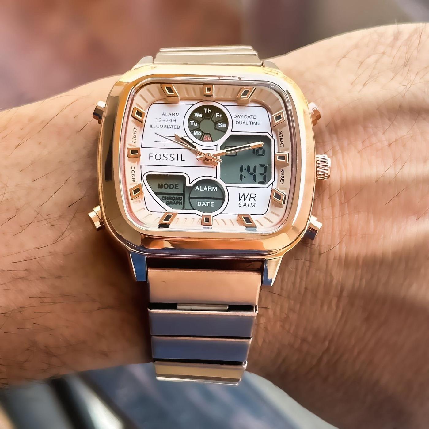 Fossil Retro Analog-Digital Gold Dial Gold Steel Strap Watch for Men - FS5889