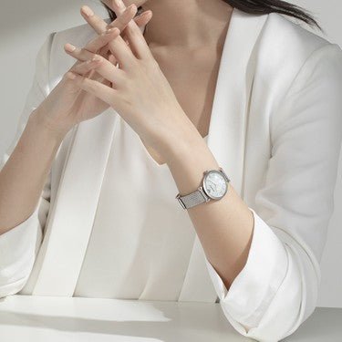 Emporio Armani Gianni T Bar Mother of Pearl Dial Silver Steel Strap Watch For Women - AR1955