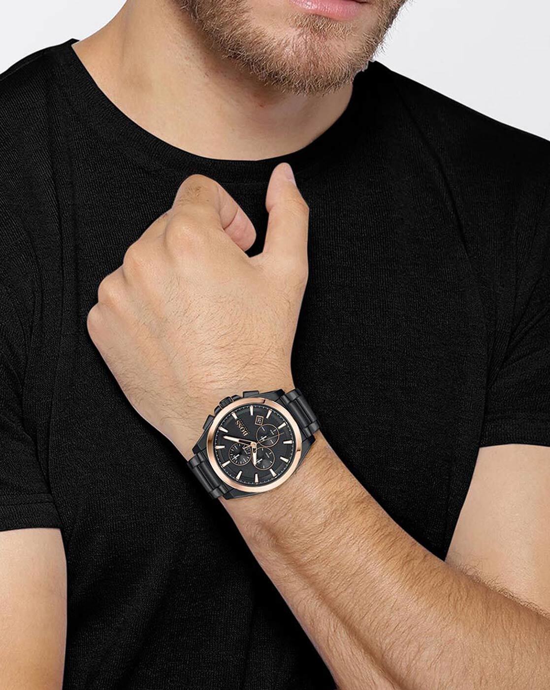 Hugo Boss Grandmaster Black Dial Black Steel Strap Watch for Men  - 1513885