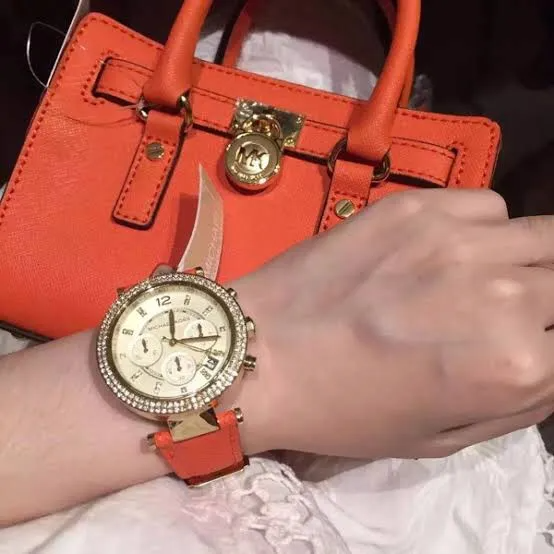 Michael Kors Parker Champagne Dial Orange Leather Strap Watch for Women - MK2279