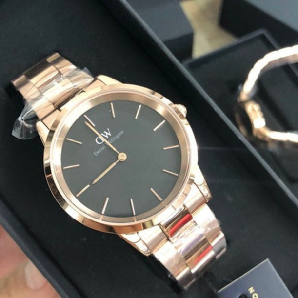 Daniel Wellington Iconic Link Black Dial Rose Gold Steel Strap Watch for Women - DW00100210