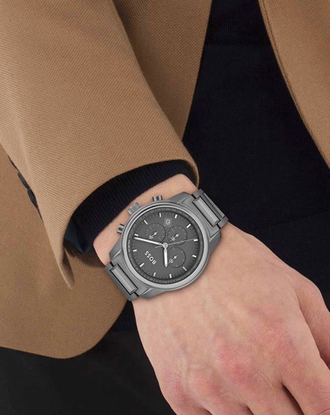 Hugo Boss Trace Chronograph Grey Dial Grey Steel Strap Watch For Men - 1514005