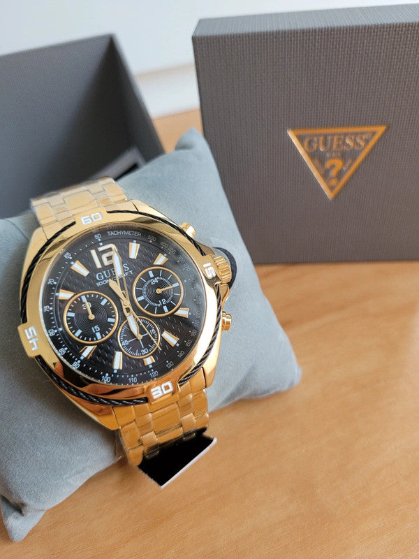 Guess Surge Chronograph Black Dial Gold Steel Strap Watch for Men - W1258G2