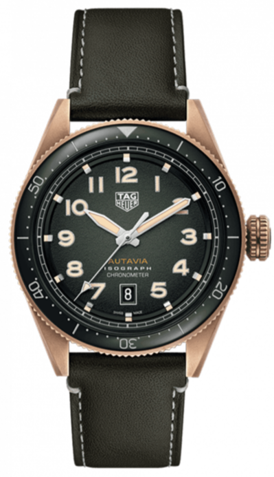 Tag Heuer Autavia Calibre 5 Automatic Olive Green Dial Green Leather Strap Watch for Men - WBE5190.FC8268