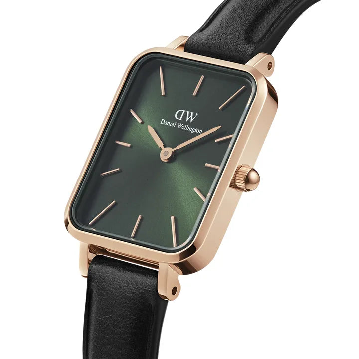 Daniel Wellington Quadro Pressed Melrose Emerald Green Dial Black Leather Strap Watch For Women - DW00100446