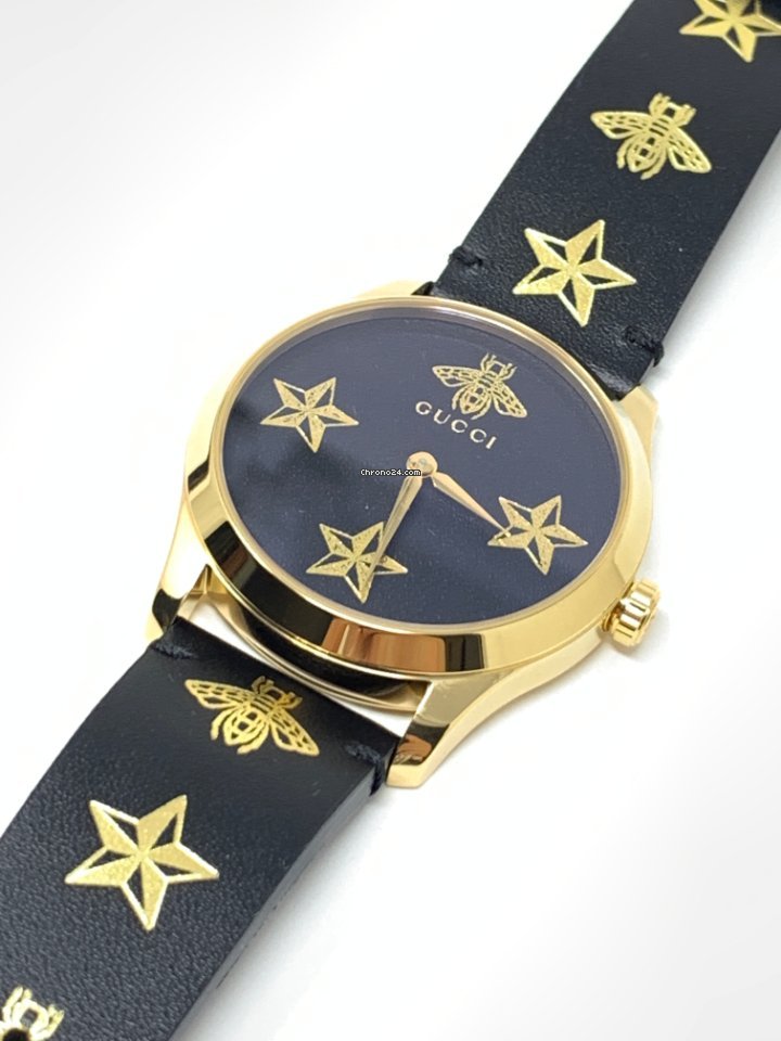 Gucci G Timeless Bee Motif Black Dial Black Leather Strap Watch For Women - YA1264055