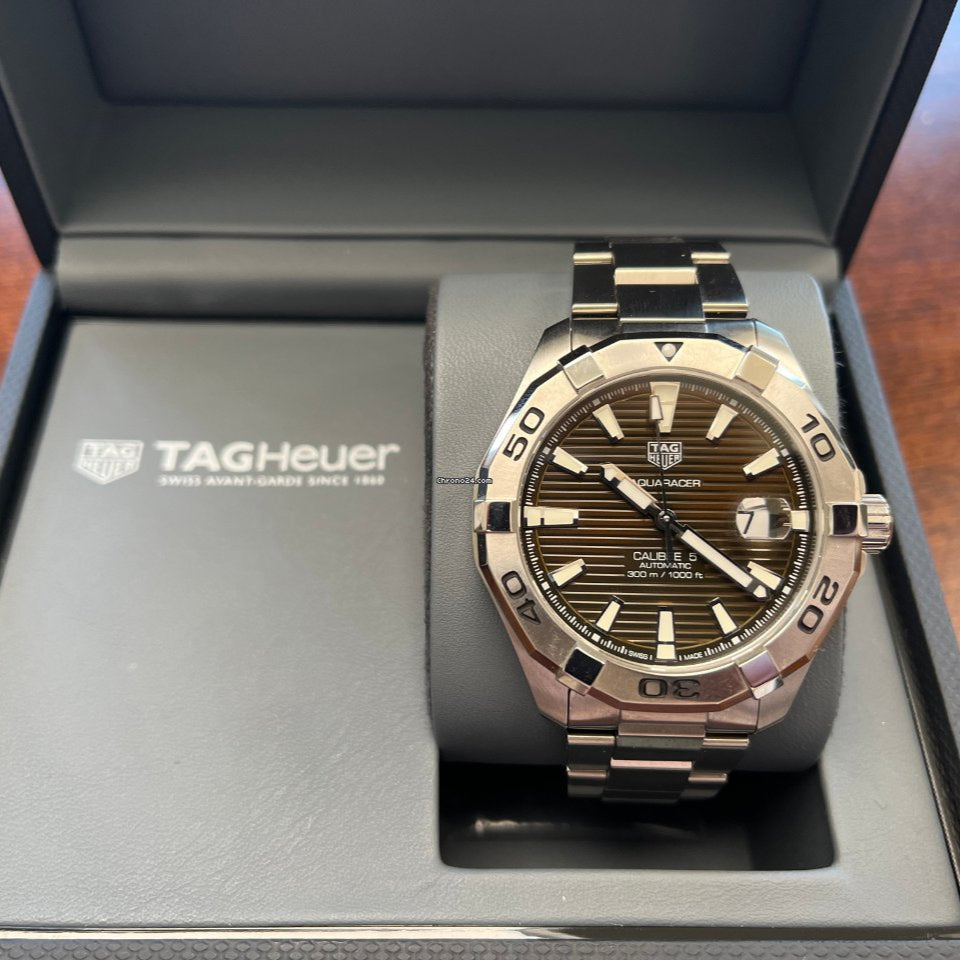 Tag Heuer Aquaracer Calibre 5 Automatic Sunray Brown Dial Silver Steel Strap Watch for Men - WAY2018.BA0927