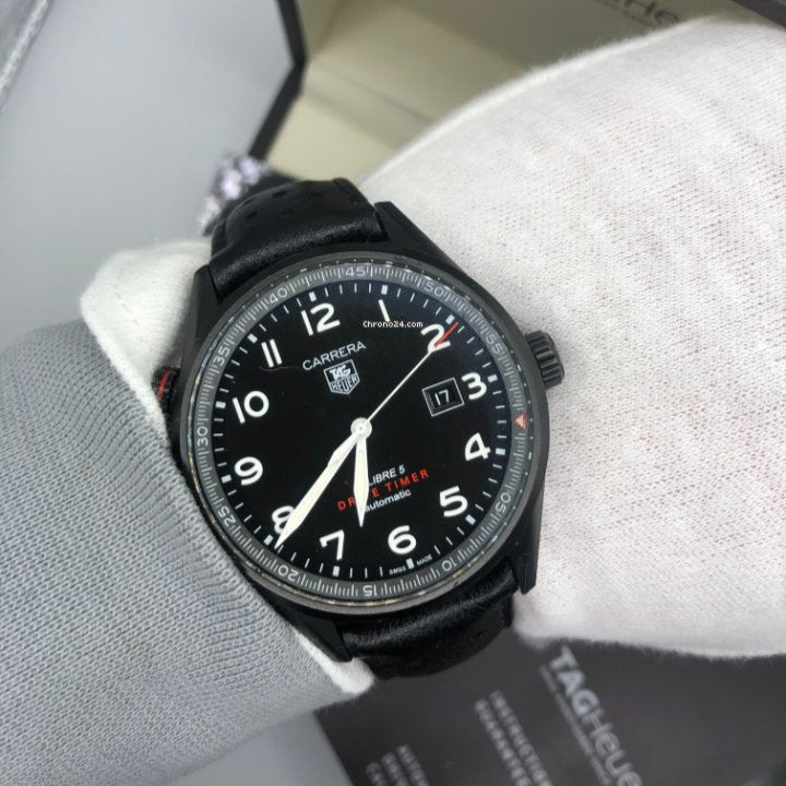 Tag Heuer Carrera Calibre 5 Drive Timer Black Dial Black Leather Strap Watch for Men - WAR2A80.FC6337