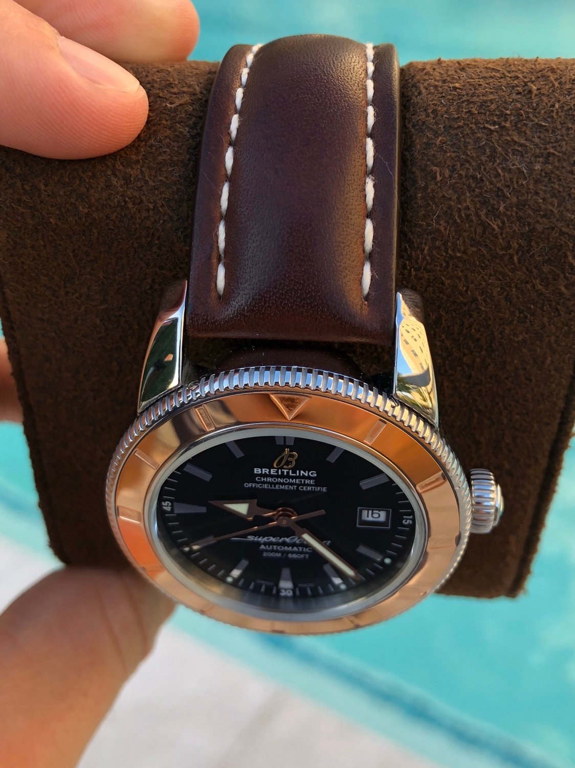 Breitling Superocean Heritage 42mm Rose Gold Chronometer Black Dial Brown Leather Strap Mens Watch - U1732112