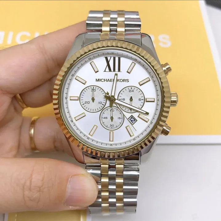 Michael Kors Lexington Silver Dial Two Tone Steel Strap Watch for Men - MK8344