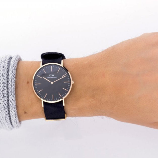 Daniel Wellington Classic Cornwall Black Dial Black Nylon Strap Watch For Women - DW00100148