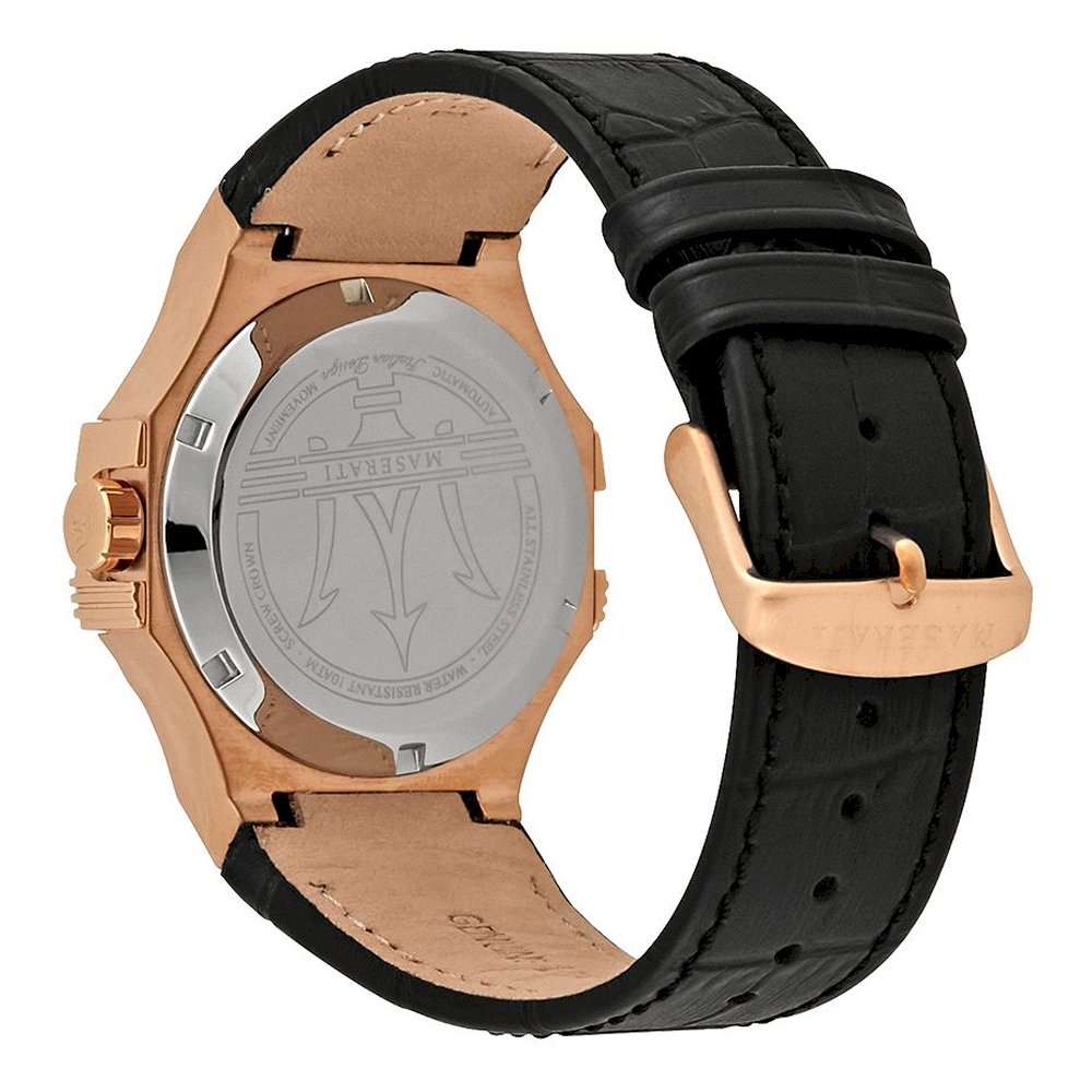 Maserati Potenza Automatic Rose Gold Dial Black Leather Strap Watch For Men - R8821108002