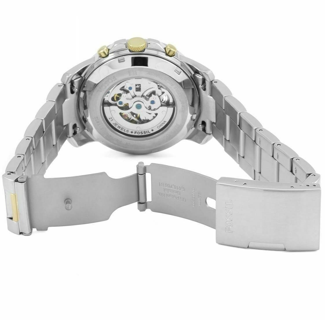 Fossil Grant Sport Automatic Skeleton Blue Dial Two Tone Steel Strap Watch for Men - ME3141