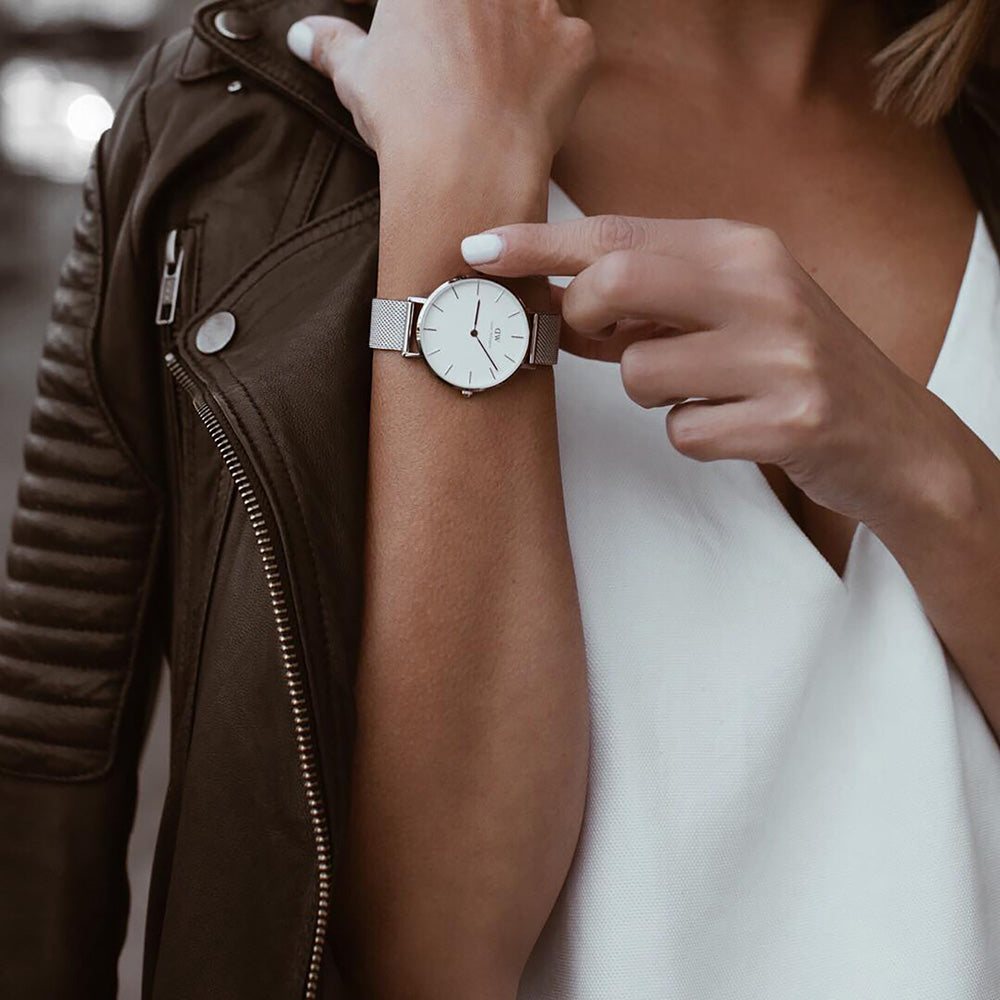 Daniel Wellington Petite Sterling White Dial Silver Mesh Bracelet Watch For Women - DW00100220