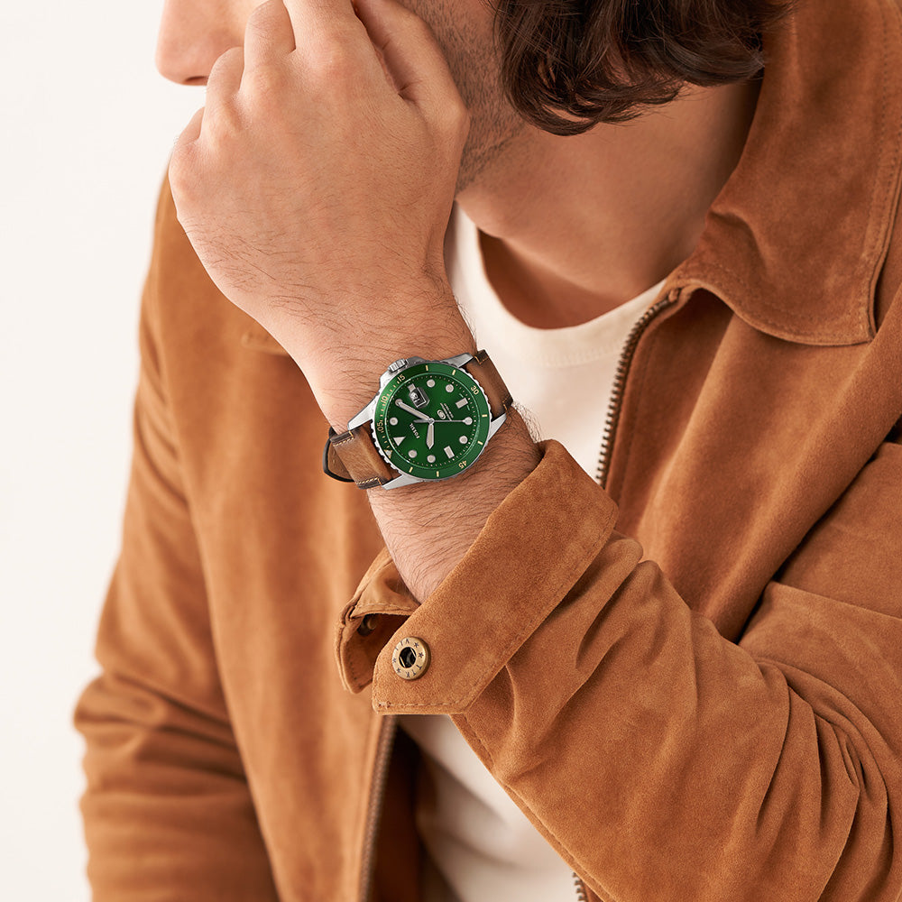 Fossil Dillinger Luggage Chronograph Green Dial Brown Leather Strap Watch for Men - FS5734