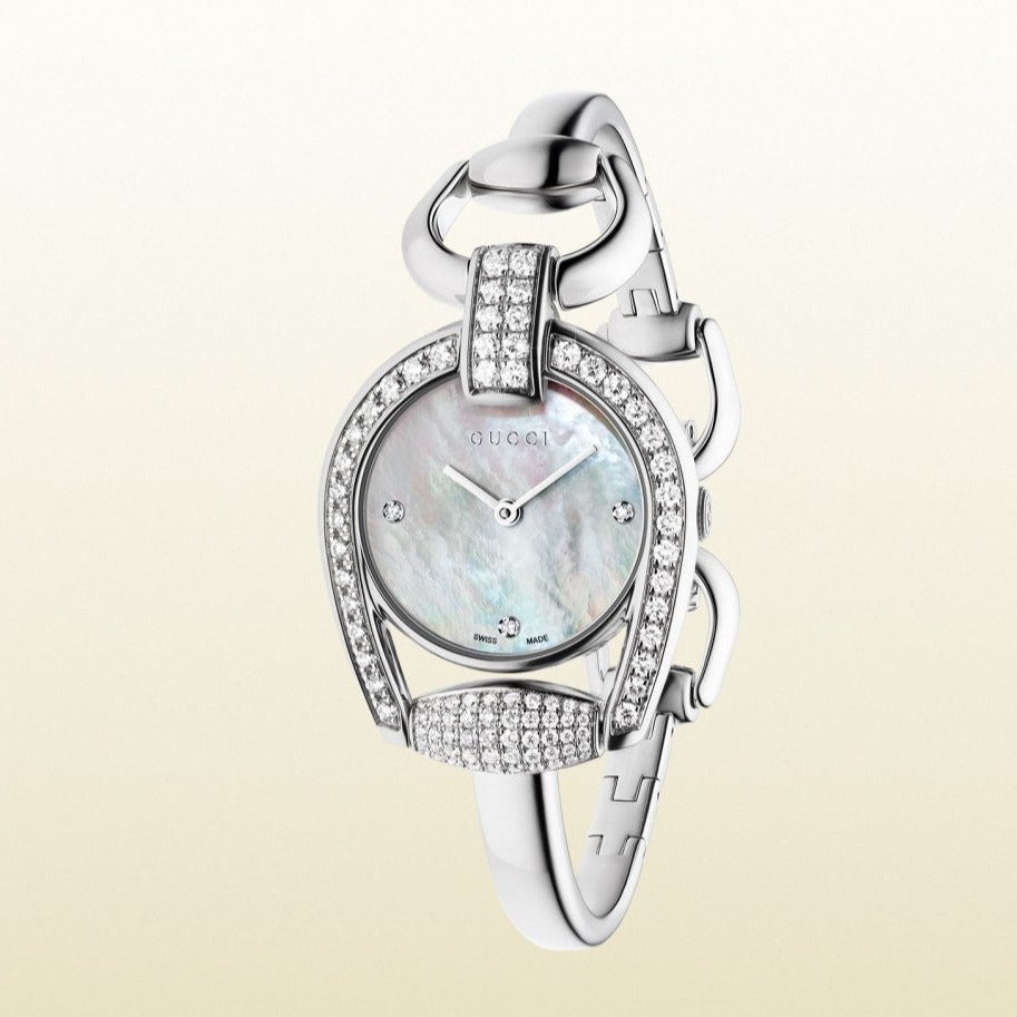 Gucci Horsebit Collection Diamonds Mother of Pearl Dial Silver Steel Strap Watch For Women - YA139505