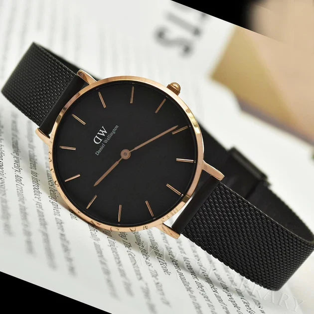 Daniel Wellington Petite Ashfield Black Dial Black Mesh Strap Watch for Women - DW00100307