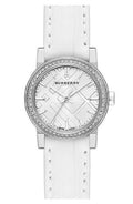 Burberry The City Diamonds Silver Dial White Leather Strap Watch for Women - BU9221