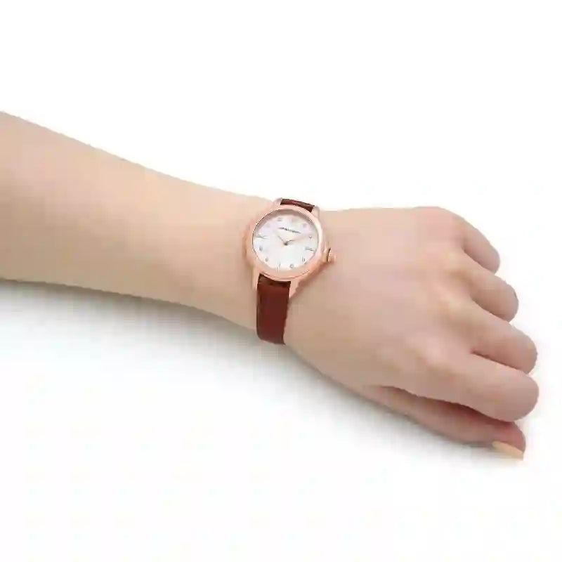 Emporio Armani Mia Quartz Silver Dial Brown Leather Strap Watch For Women - AR11525