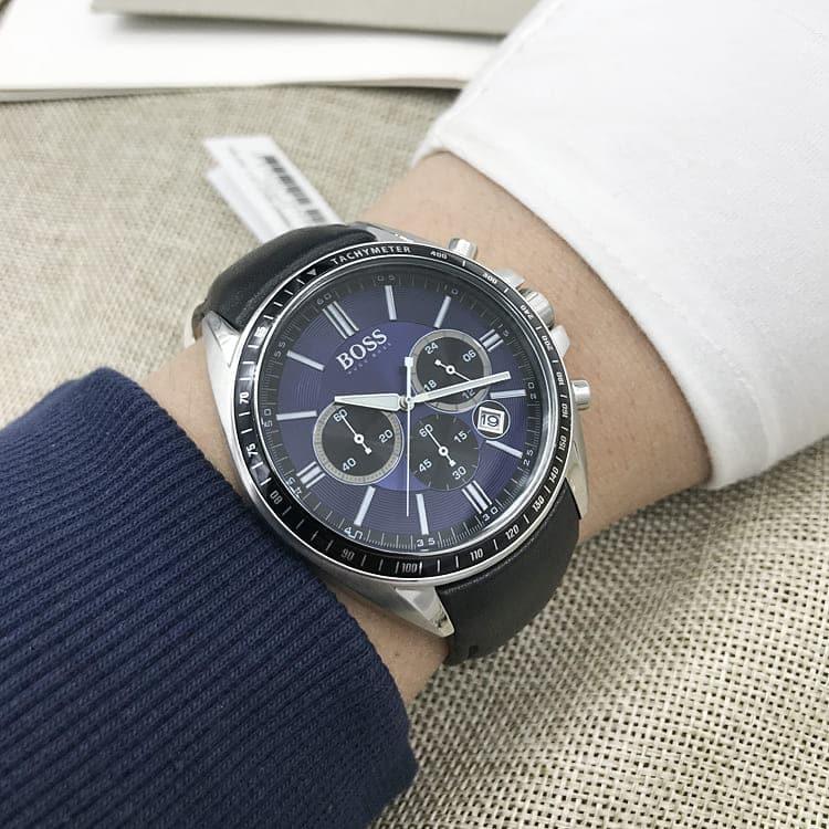 Hugo Boss Driver Sport Chronograph Blue Dial Black Leather Strap Watch for Men - 1513077