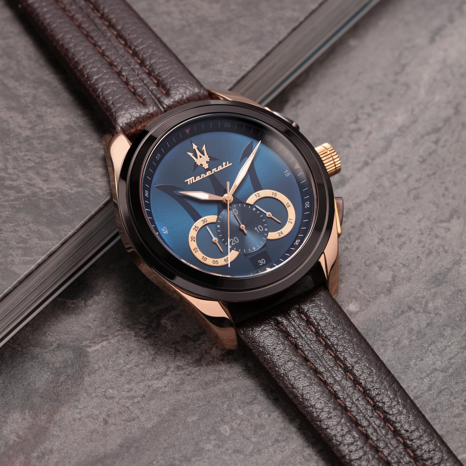 Maserati Traguardo Chronograph Blue Dial Brown Leather Strap Watch For Men - R8871612024