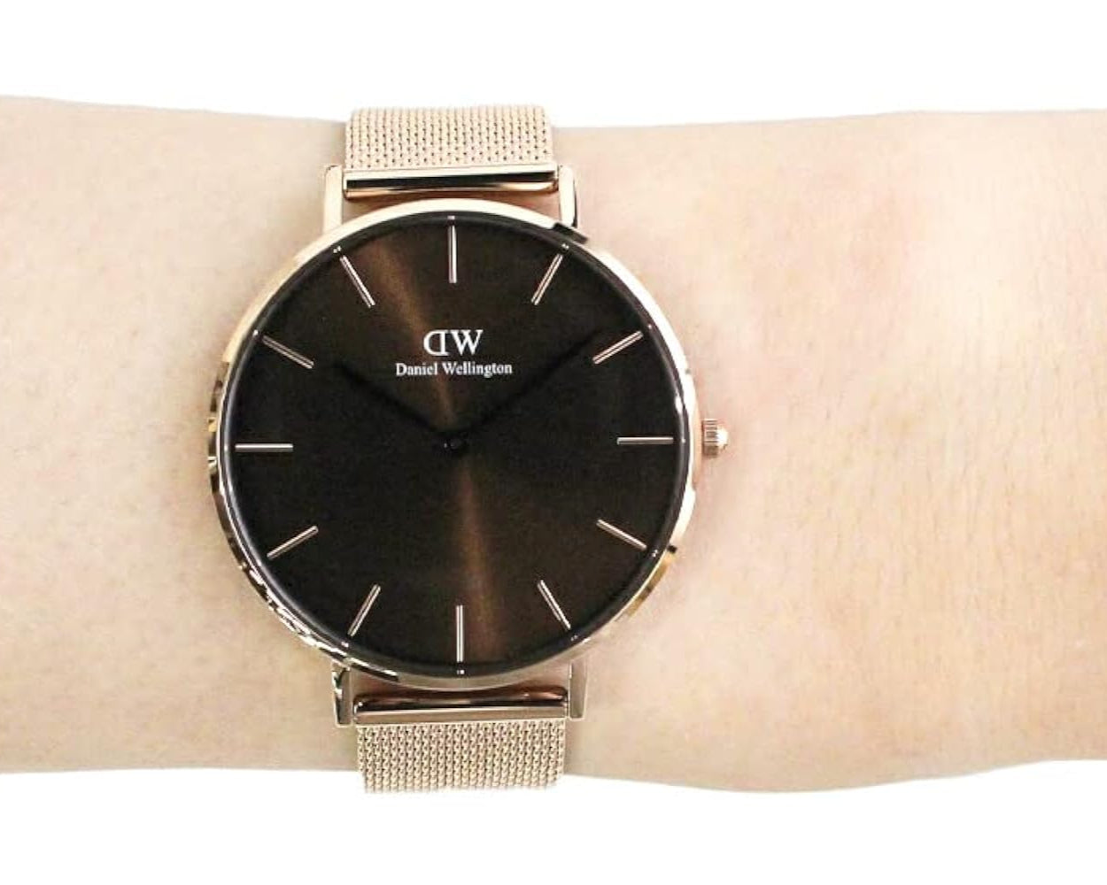 Daniel Wellington Petite Amber Brown Dial Rose Gold Mesh Strap Watch for Women - DW00100478