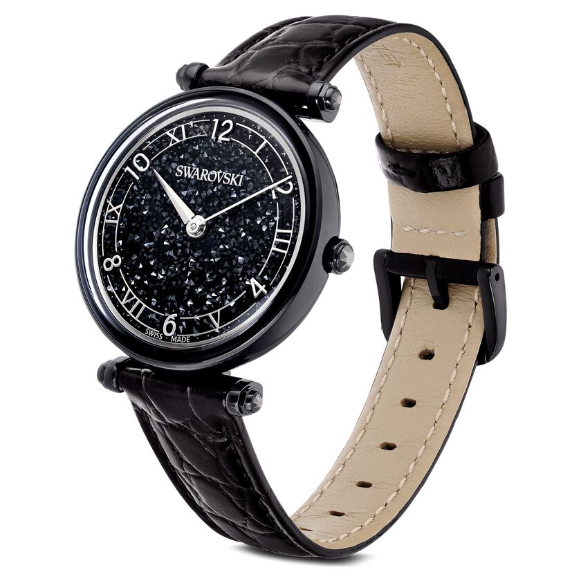 Swarovski Crystalline Wonder Black Dial Black Leather Strap Watch for Women - 5664311