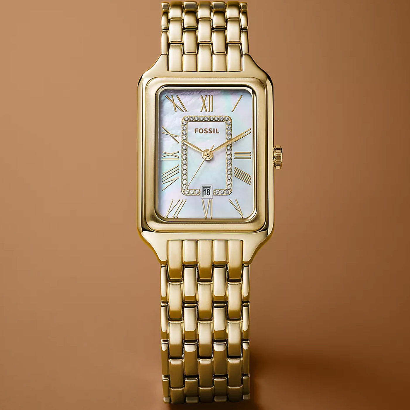 Fossil Raquel Three Hand Mother of Pearl Dial Gold Steel Strap Watch For Women - ES5304