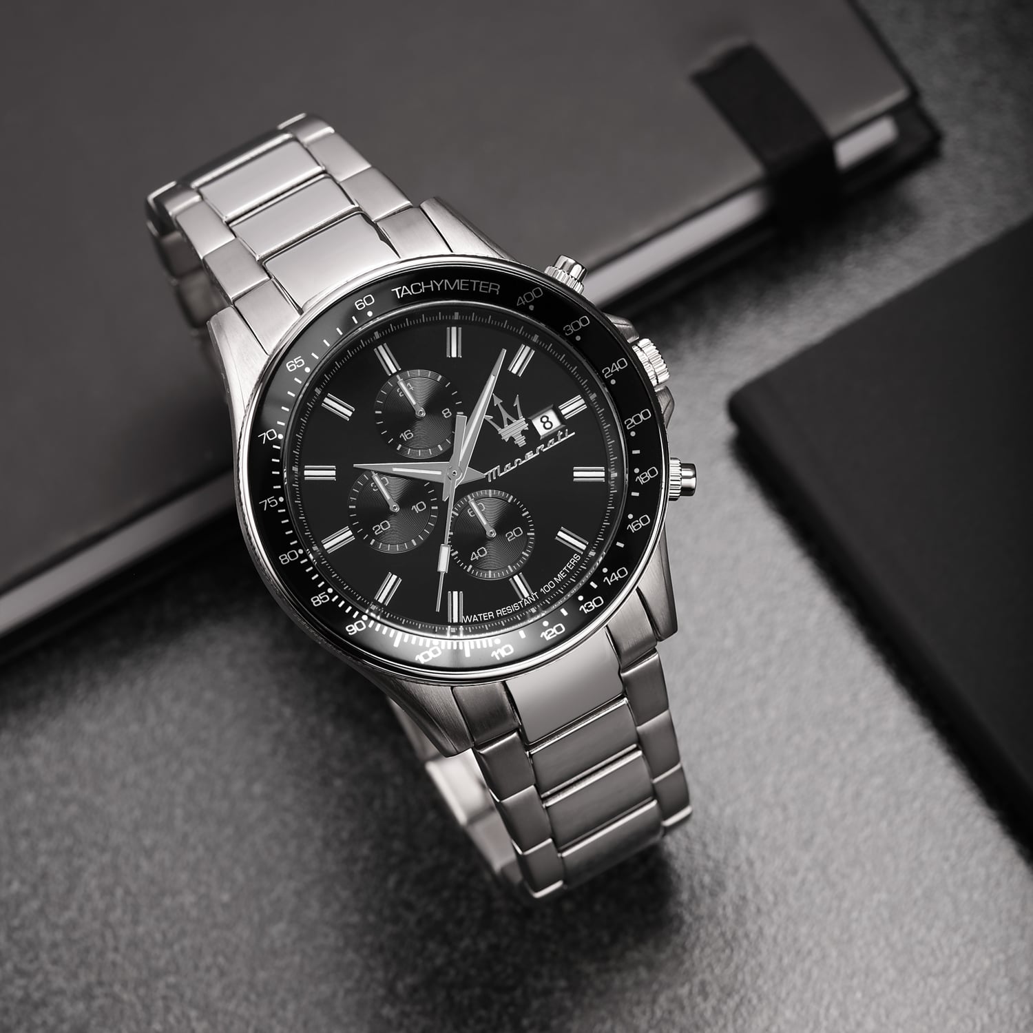 Maserati SFIDA Chronograph Black Dial Silver Steel Strap Watch For Men - R8873640015