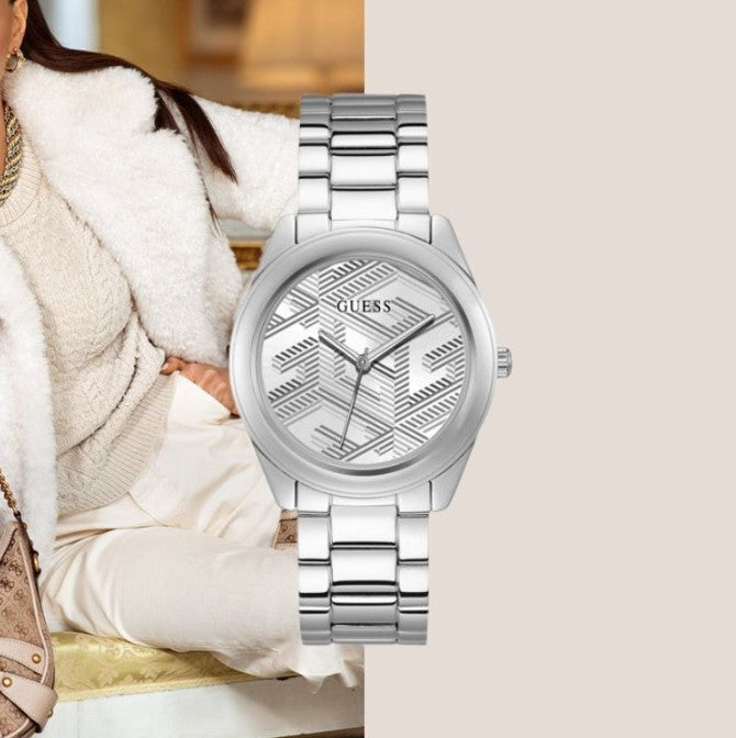 Guess Cubed Analog Silver Dial Silver Steel Strap Watch For Women - GW0606L1