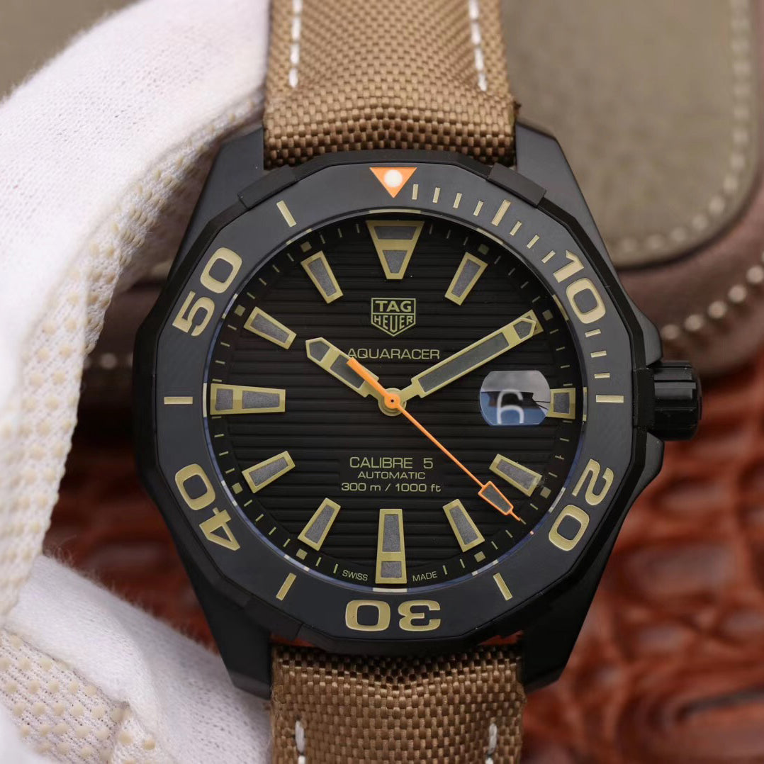 Tag Heuer Aquaracer 300 Calibre 5 Automatic Black Dial Brown Nylon Strap Watch for Men - WAY208C.FC6383