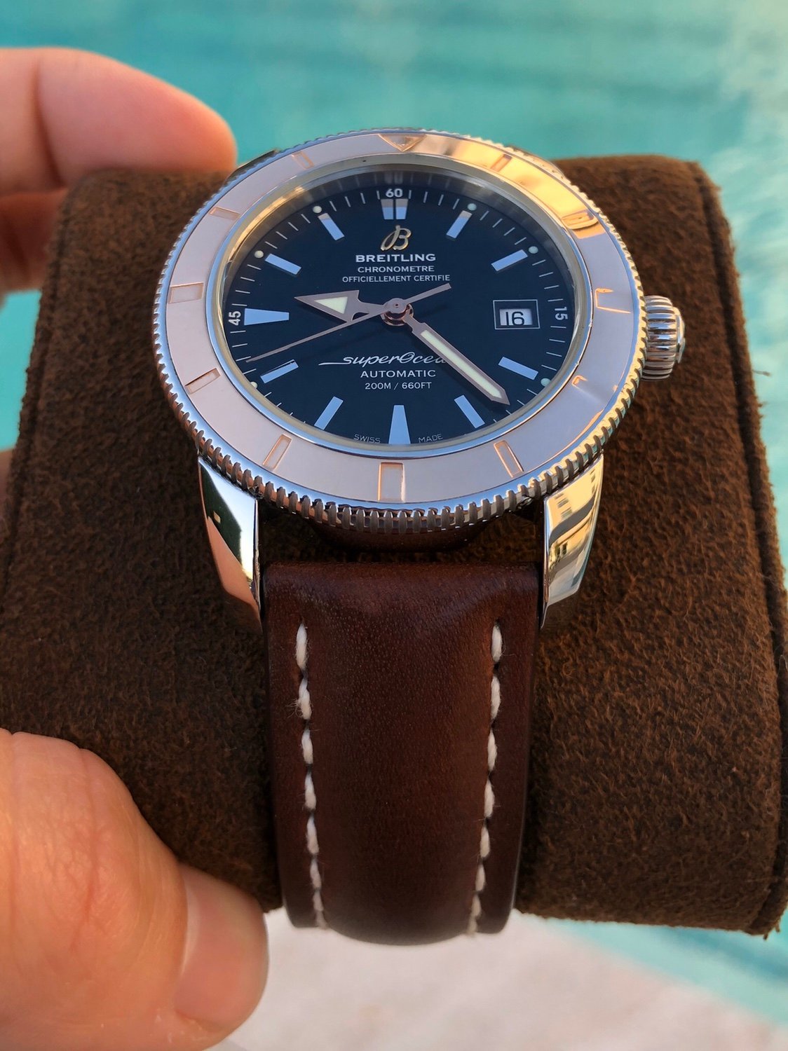 Breitling Superocean Heritage 42mm Rose Gold Chronometer Black Dial Brown Leather Strap Mens Watch - U1732112