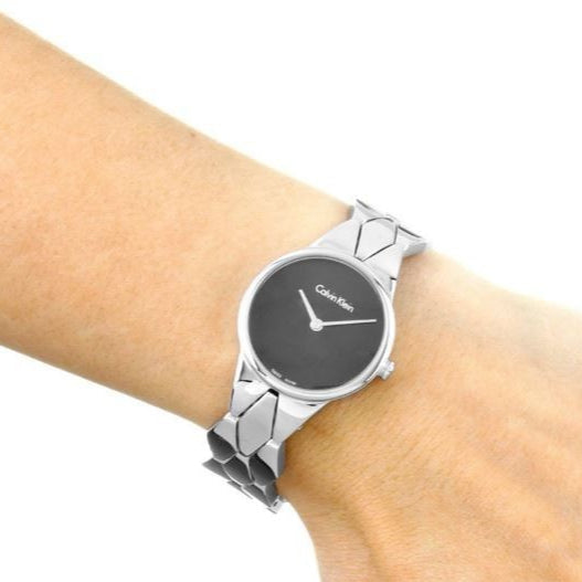 Calvin Klein Snake Black Dial Silver Steel Strap Watch For Women - K6E23141
