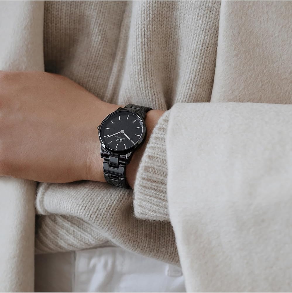 Daniel Wellington Iconic Link Ceramic Black Dial Black Steel Strap Watch For Women - DW00100415