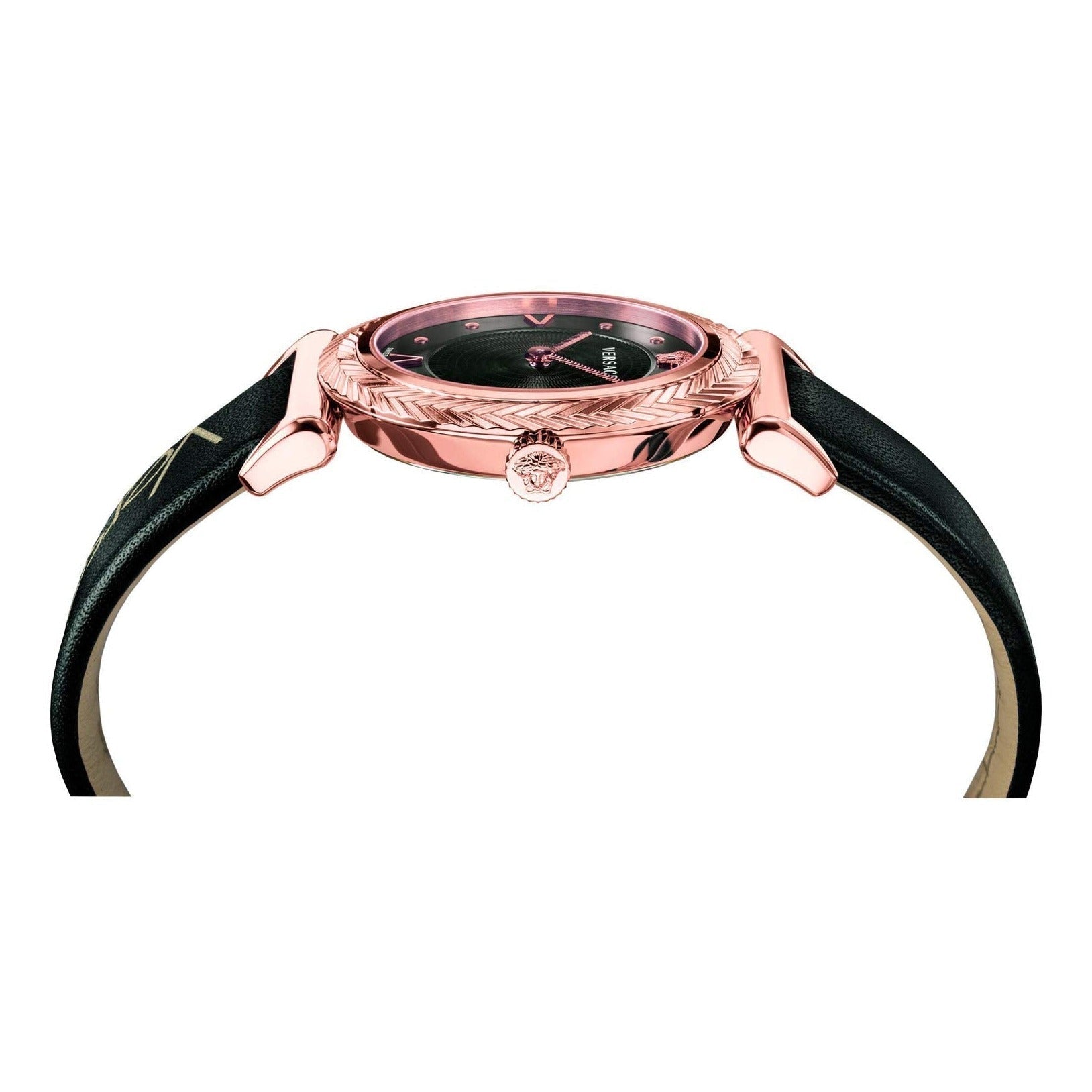 Versace V-Motif Vintage Logo Black Dial Black Leather Strap Watch for Women - VERE00818