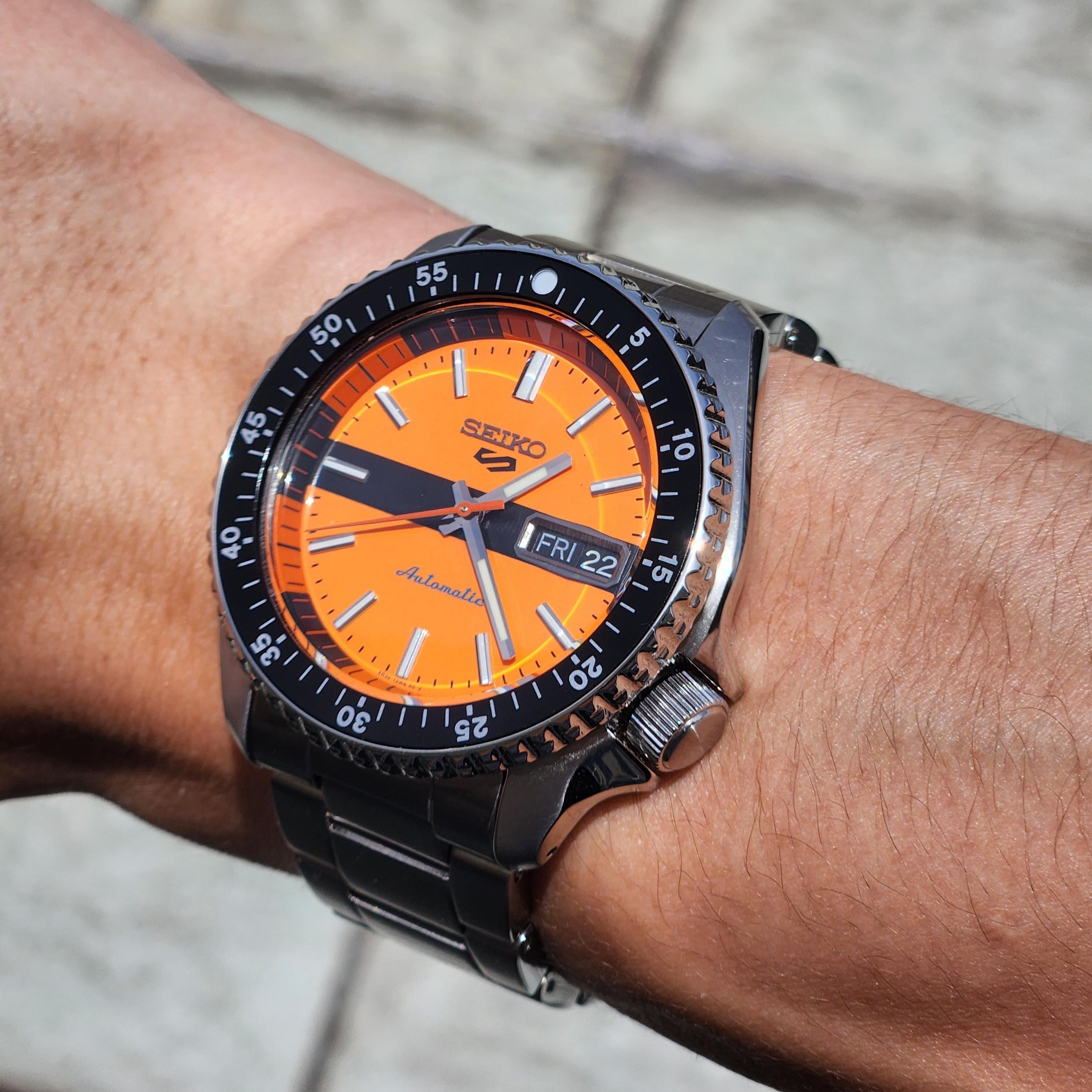 Seiko 5 Sports Double Hurricane Retro Orange Dial Silver Steel Strap Watch For Men - SRPK11K1
