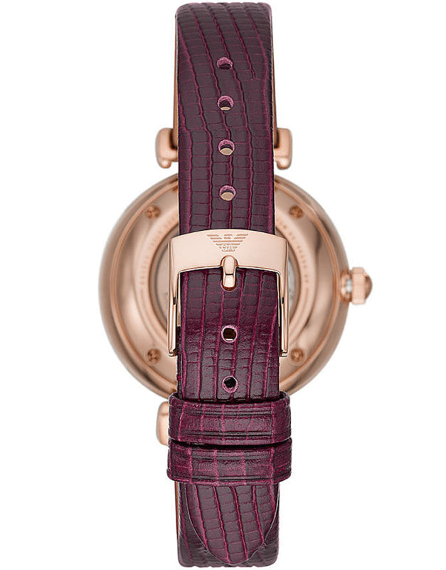Emporio Armani Meccanico Automatic Silver Dial Burgundy Leather Strap Watch For Women - AR60044