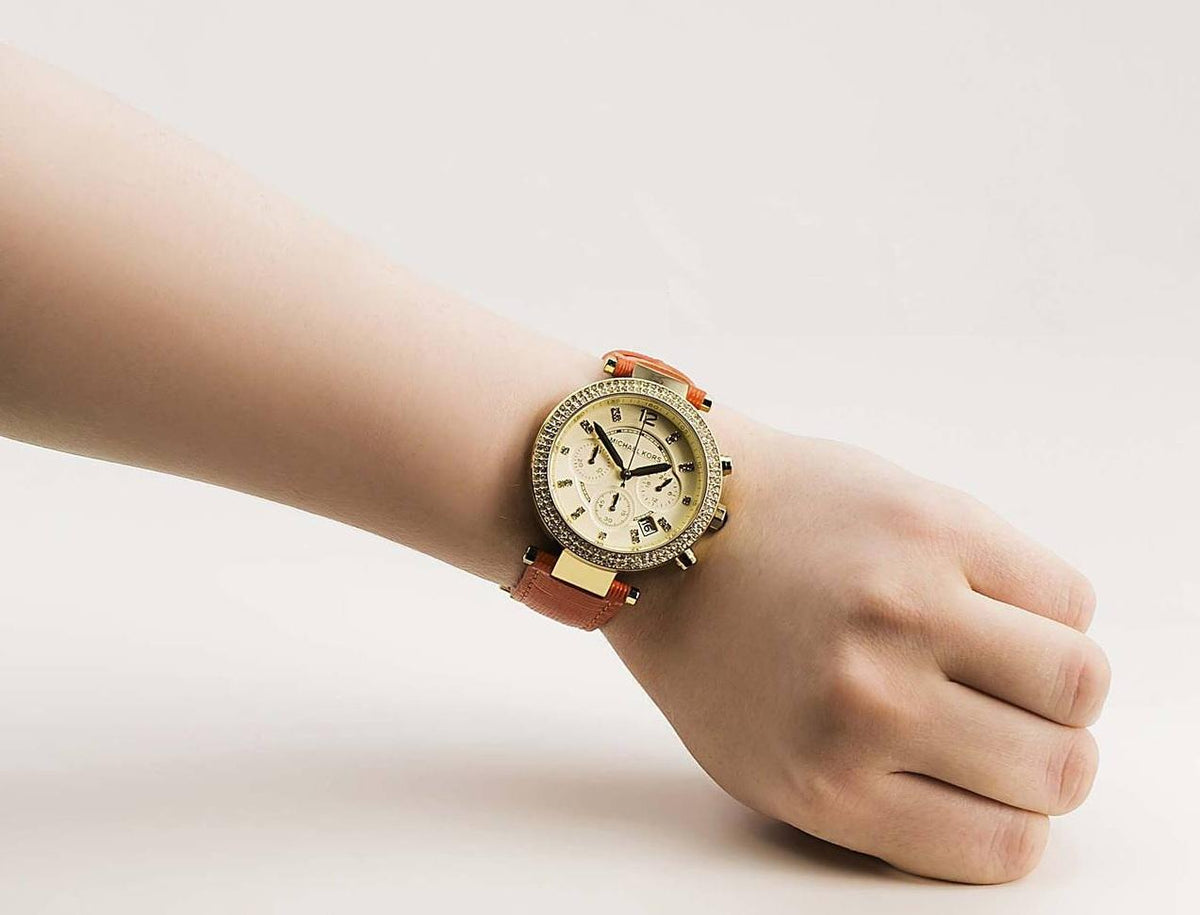 Michael Kors Parker Champagne Dial Orange Leather Strap Watch for Women - MK2279
