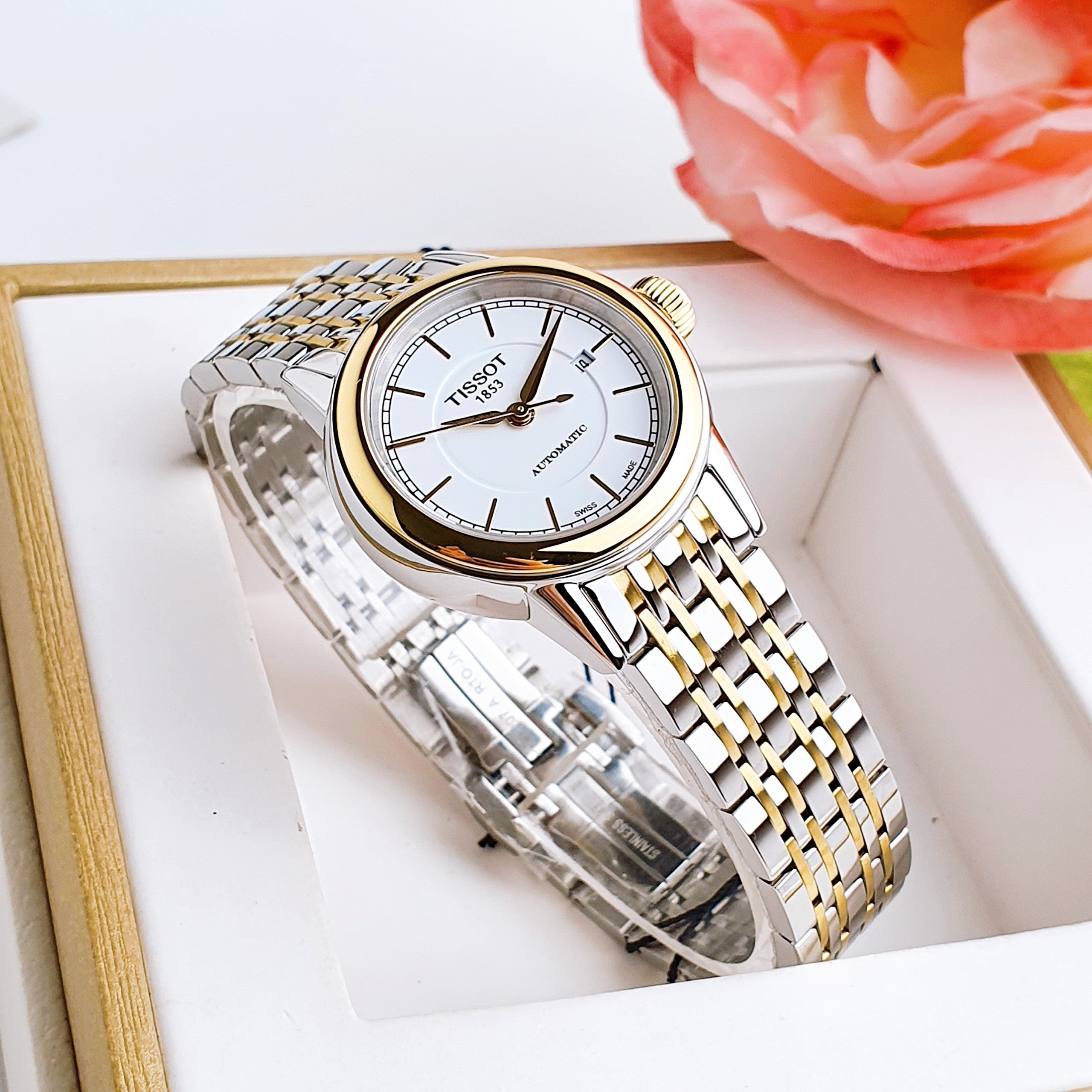 Tissot Carson Automatic Silver Dial Two Tone Steel Strap Watch For Women - T085.207.22.011.00