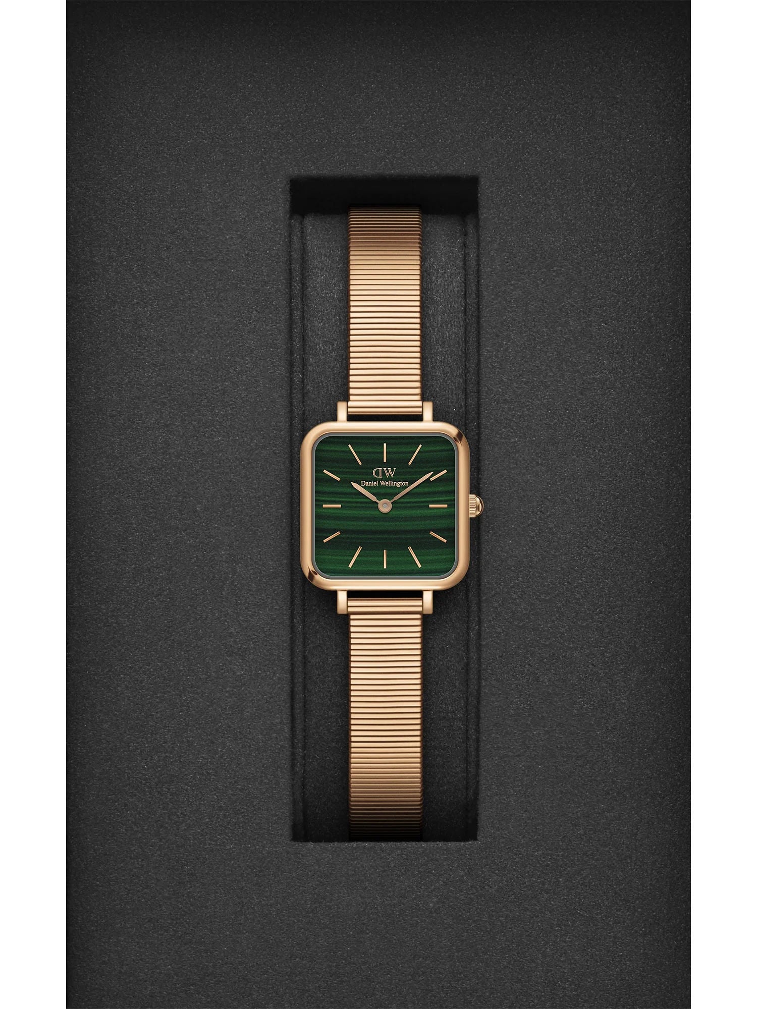 Daniel Wellington Quadro Studio Green Dial Rose Gold Mesh Strap Watch For Women - DW00100520