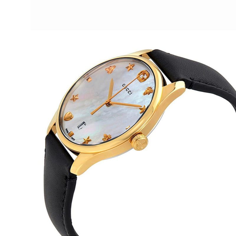 Gucci G-Timeless Mother of Pearl Dial Black Leather Strap Watch For Women - YA126589