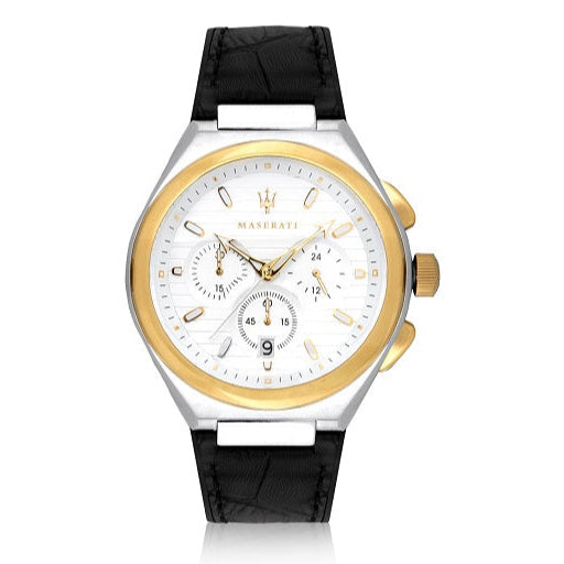Maserati Triconic Chronograph White Dial Black Leather Strap Watch For Men - R8871639004