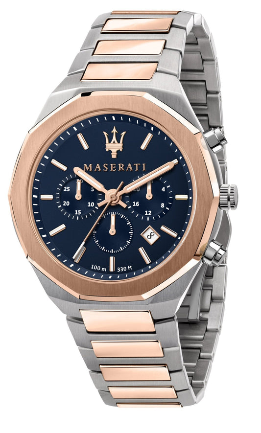 Maserati Stile Chronograph Blue Dial Rose Gold Two Tone Strap Watch For Men - R8873642002