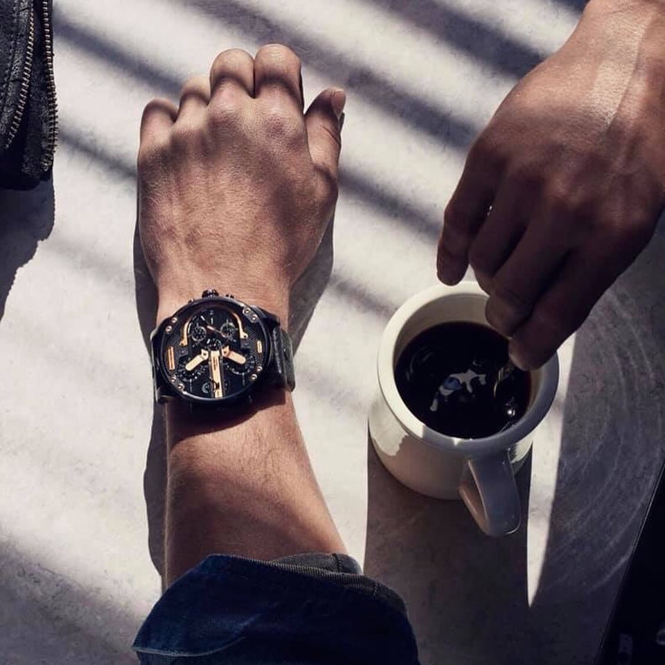 Diesel Mr Daddy 2.0 Chronograph Black Dial Black Leather Strap Watch For Men - DZ7350